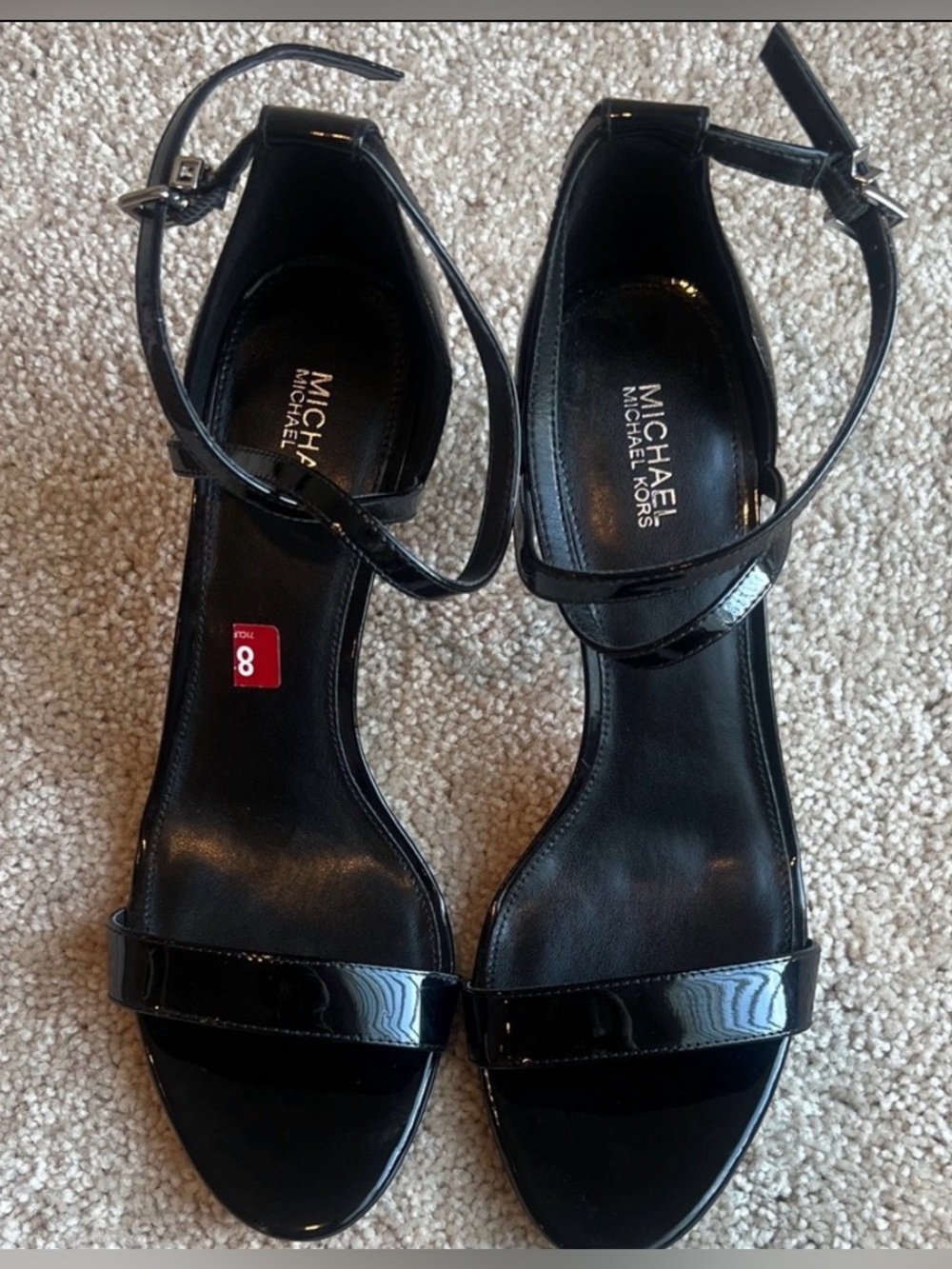 Michael Kors Patent Leather Ankle Strap Heels Black Size 8 Open Toe Stiletto